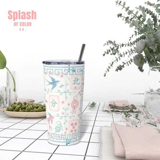 Mahjong Tile Tumbler Pastel Blue Pink Stainless Steel Insulated Tumblers with Lid & Straw One Size Drinkware