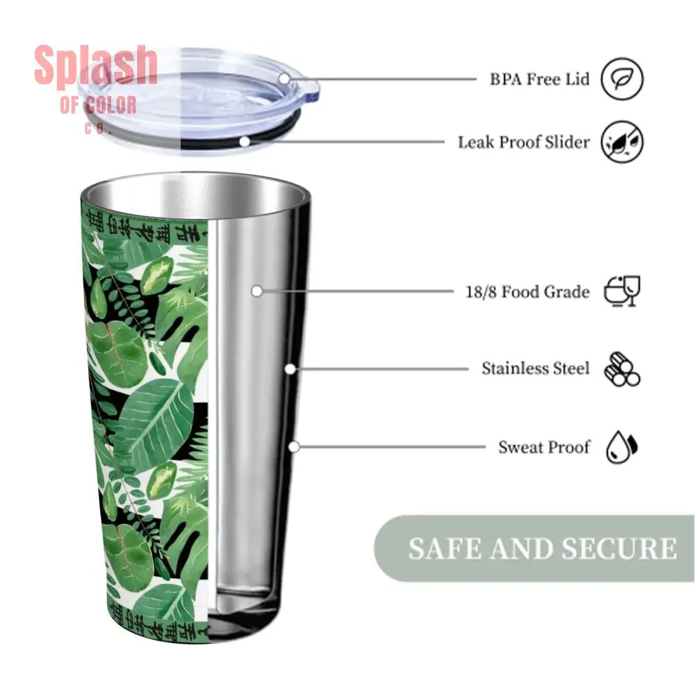 Mahjong Tropical Monstera Green Black Stainless Steel Insulated Tumblers with Lid & Straw - Splash of Color co.