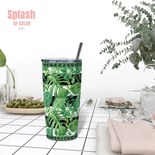 Mahjong Tropical Monstera Green Black Stainless Steel Insulated Tumblers with Lid & Straw - Splash of Color co.