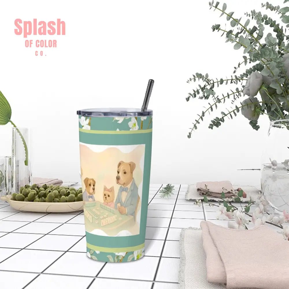 Mahjong Tumbler Dogs Playing Mahj Quirky Cute Stainless Steel Insulated Tumblers with Lid & Straw One Size Drinkware