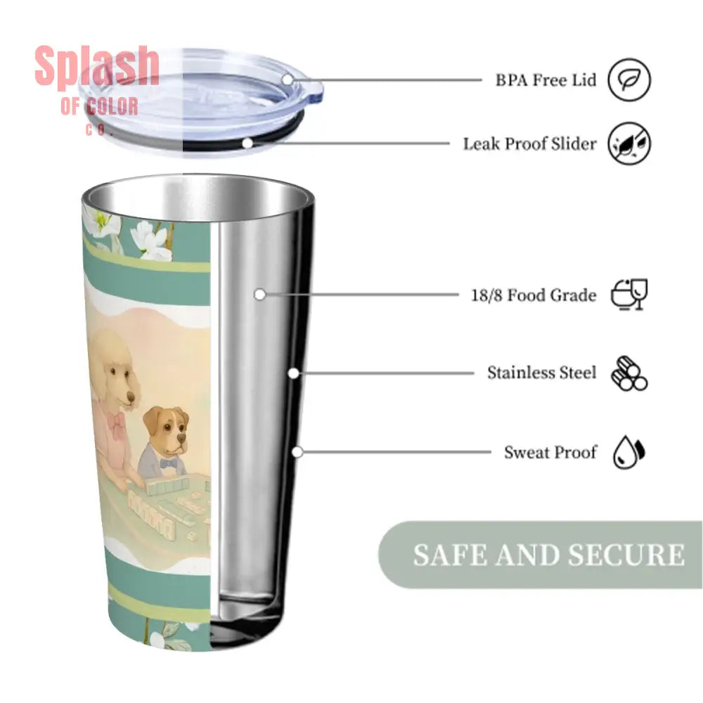 Mahjong Tumbler Dogs Playing Mahj Quirky Cute Stainless Steel Insulated Tumblers with Lid & Straw One Size Drinkware