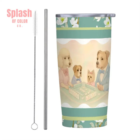 Mahjong Tumbler Dogs Playing Mahj Quirky Cute Stainless Steel Insulated Tumblers with Lid & Straw One Size Drinkware