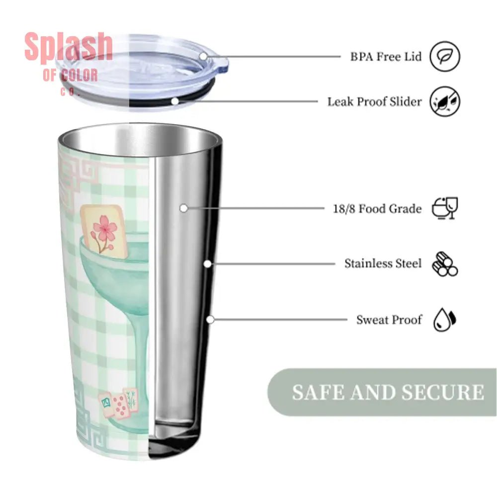 Mahjong Tumbler Gift Green Pink Gingham Preppy Stainless Steel Insulated Tumblers with Lid & Straw One Size Drinkware