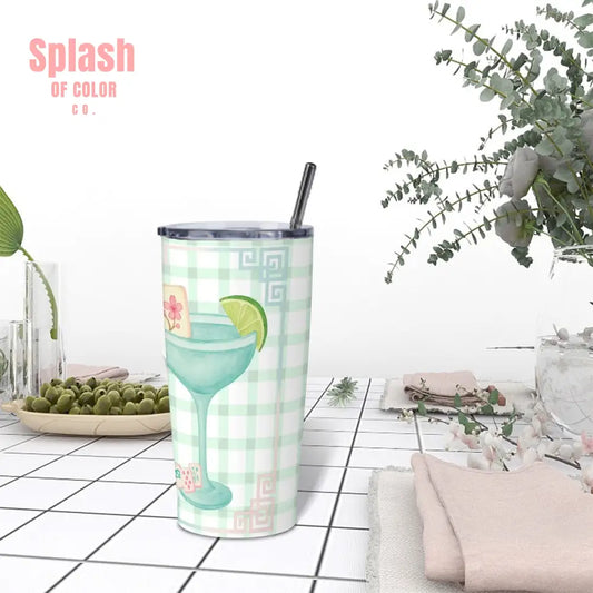 Mahjong Tumbler Gift Green Pink Gingham Preppy Stainless Steel Insulated Tumblers with Lid & Straw One Size Drinkware