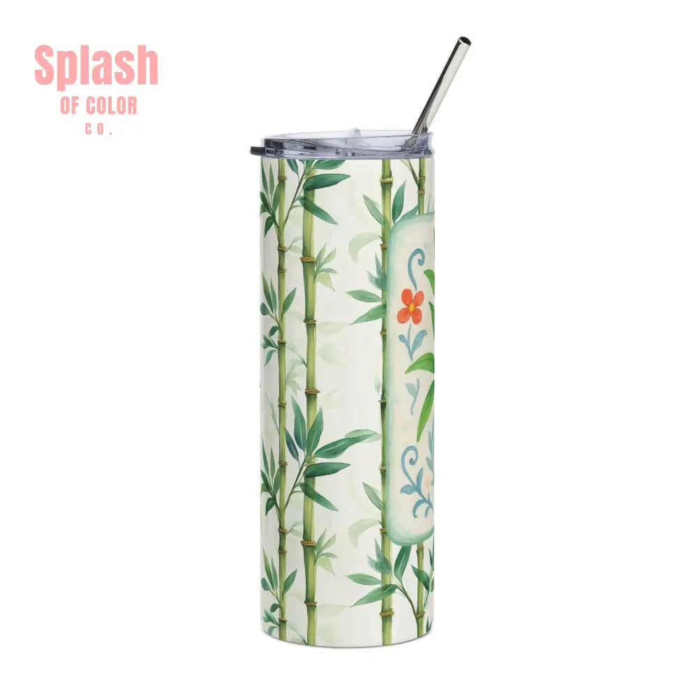 Mahjong Tumbler Gift Watercolor Bamboo Design Mahj Lover Botanical Stainless Steel Tumbler Travel Mug Summer Vibe Beach