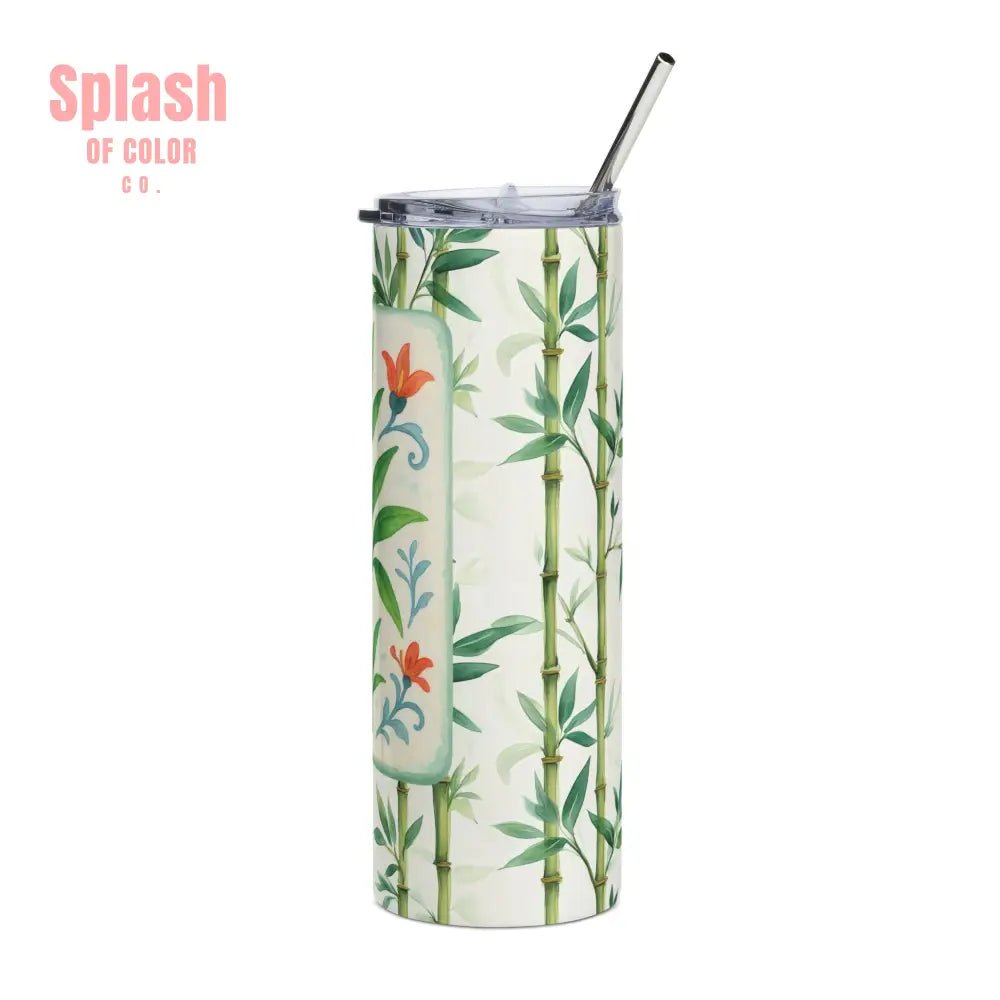 Mahjong Tumbler Gift Watercolor Bamboo Design Mahj Lover Botanical Stainless Steel Tumbler Travel Mug Summer Vibe Beach