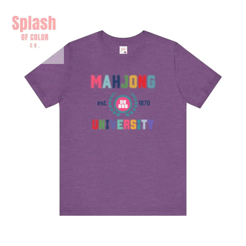 Mahjong University Unisex Tee Fun Graphic T Shirt Perfect for Casual Wear Game Nights Heather Team Purple / S T Shirt