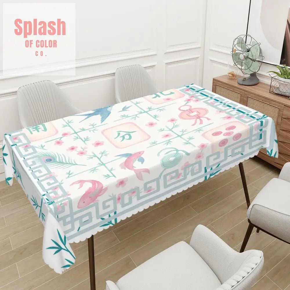 Mahjong Watercolor Tile Mahj Hosting Rectangular Table Cloth with Wavy Edge 72’’x54’’ Home Accessories