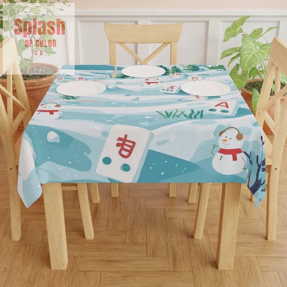 Mahjong Winter Wonderland Tablecloth, Festive Holiday Decor, Christmas Table Cover, Snowman Design - Splash of Color co.