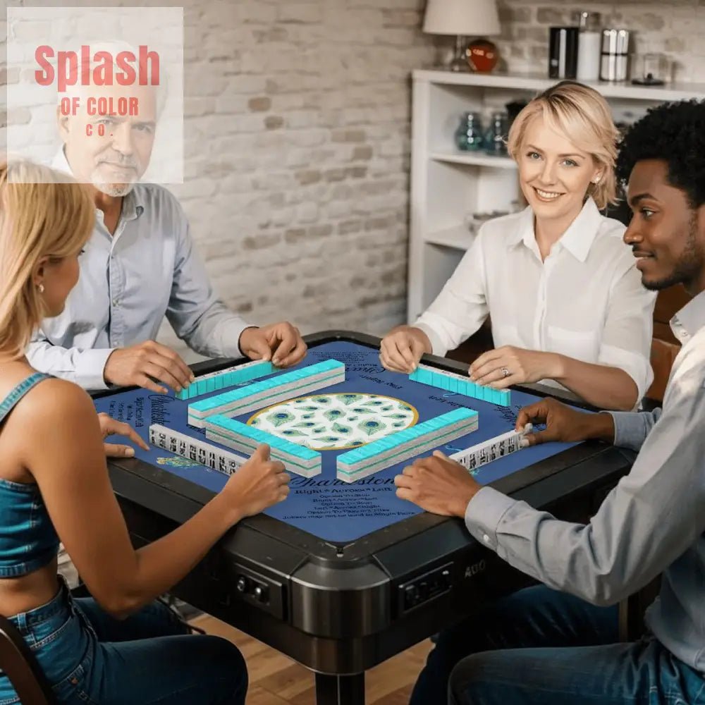Marble Blue Mahjong Mat, Elegant Peacock Floral Instructional Mahj Game Mat - Splash of Color co.