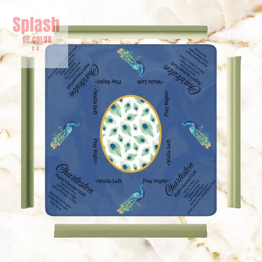 Marble Blue Mahjong Mat, Elegant Peacock Floral Instructional Mahj Game Mat - Splash of Color co.