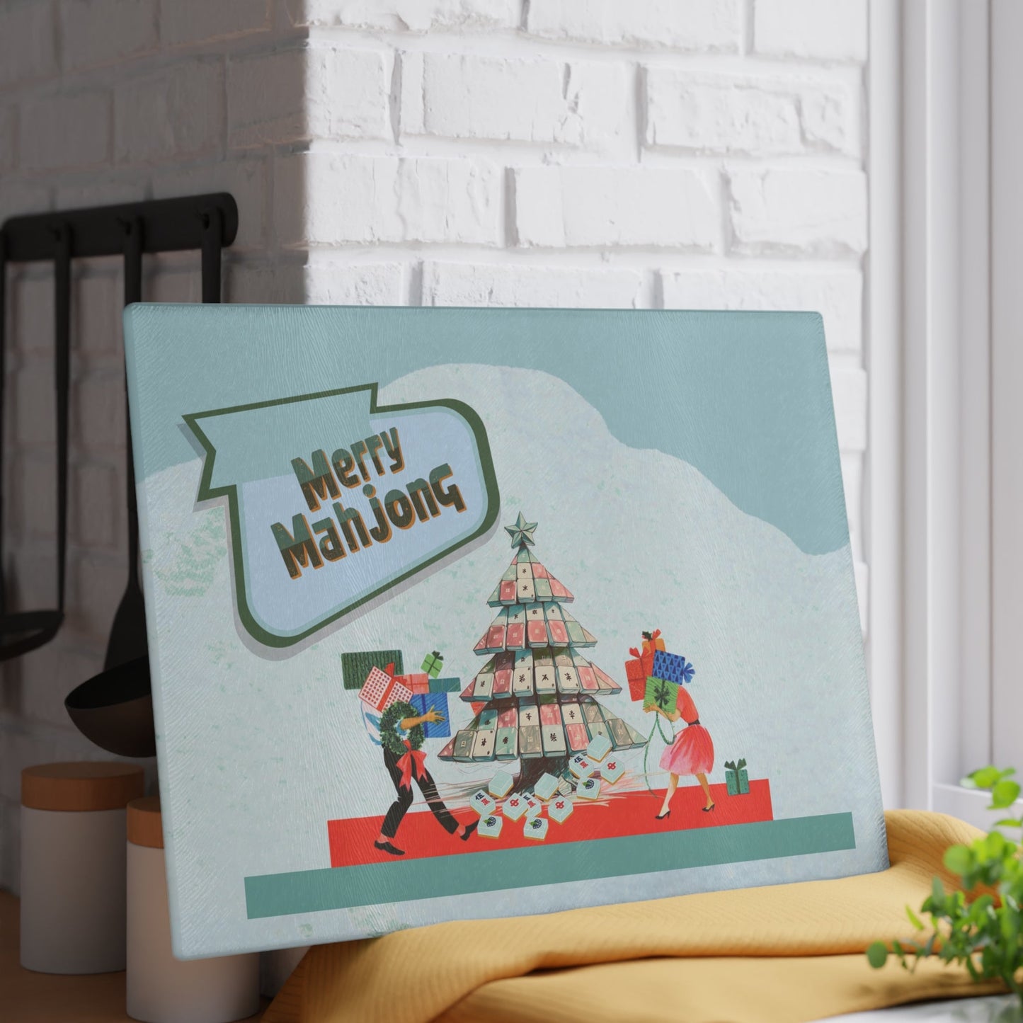 Merry Mahjong Christmas Festive Glass Cutting Chacuterie Board Holiday Mahjong Kitchen Decor Unique Holiday Gift - Home