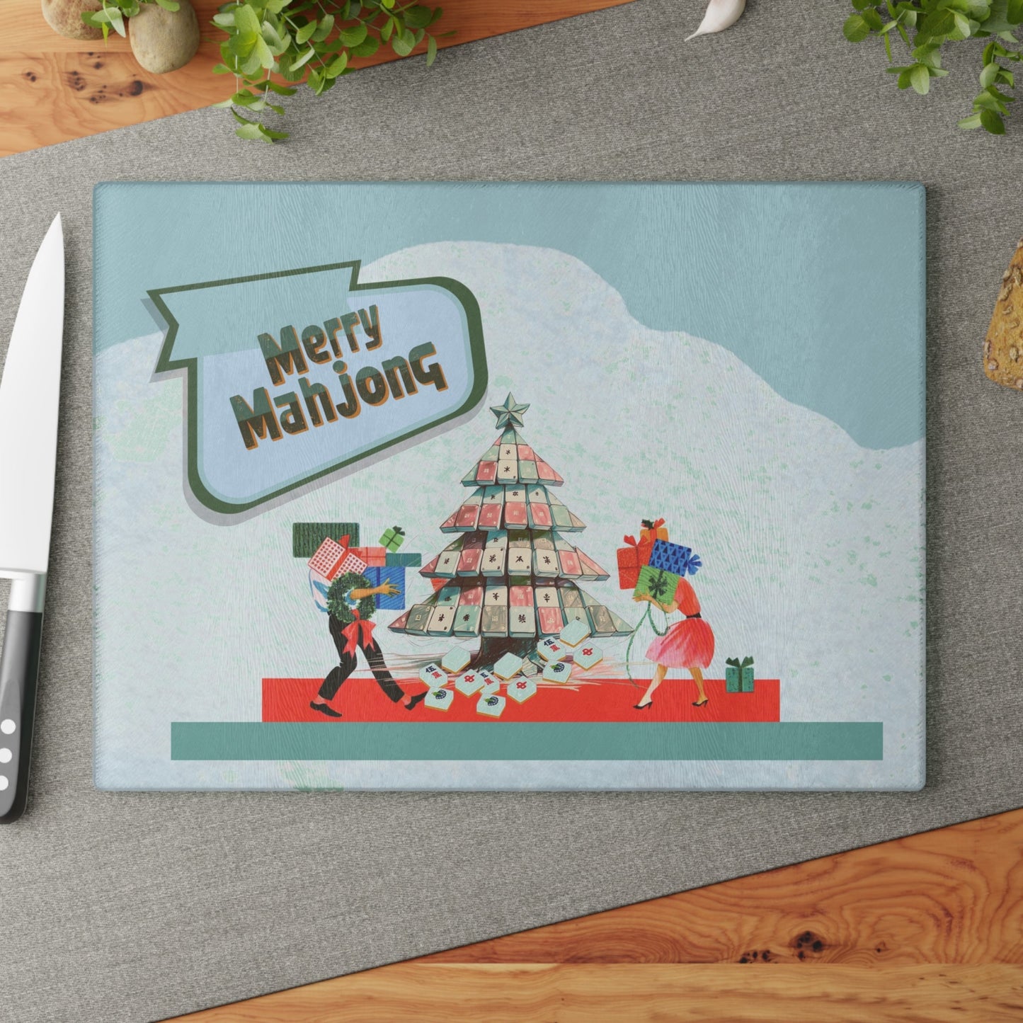 Merry Mahjong Christmas Festive Glass Cutting Chacuterie Board Holiday Mahjong Kitchen Decor Unique Holiday Gift - Home