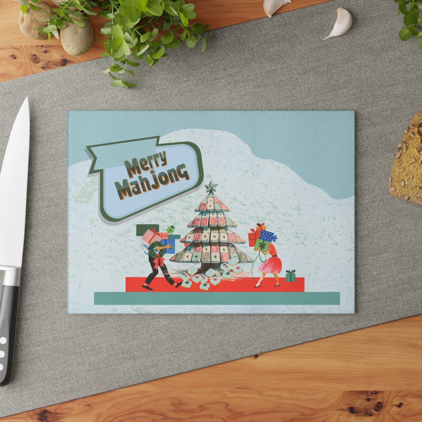Merry Mahjong Christmas Festive Glass Cutting Chacuterie Board Holiday Mahjong Kitchen Decor Unique Holiday Gift - 8’’