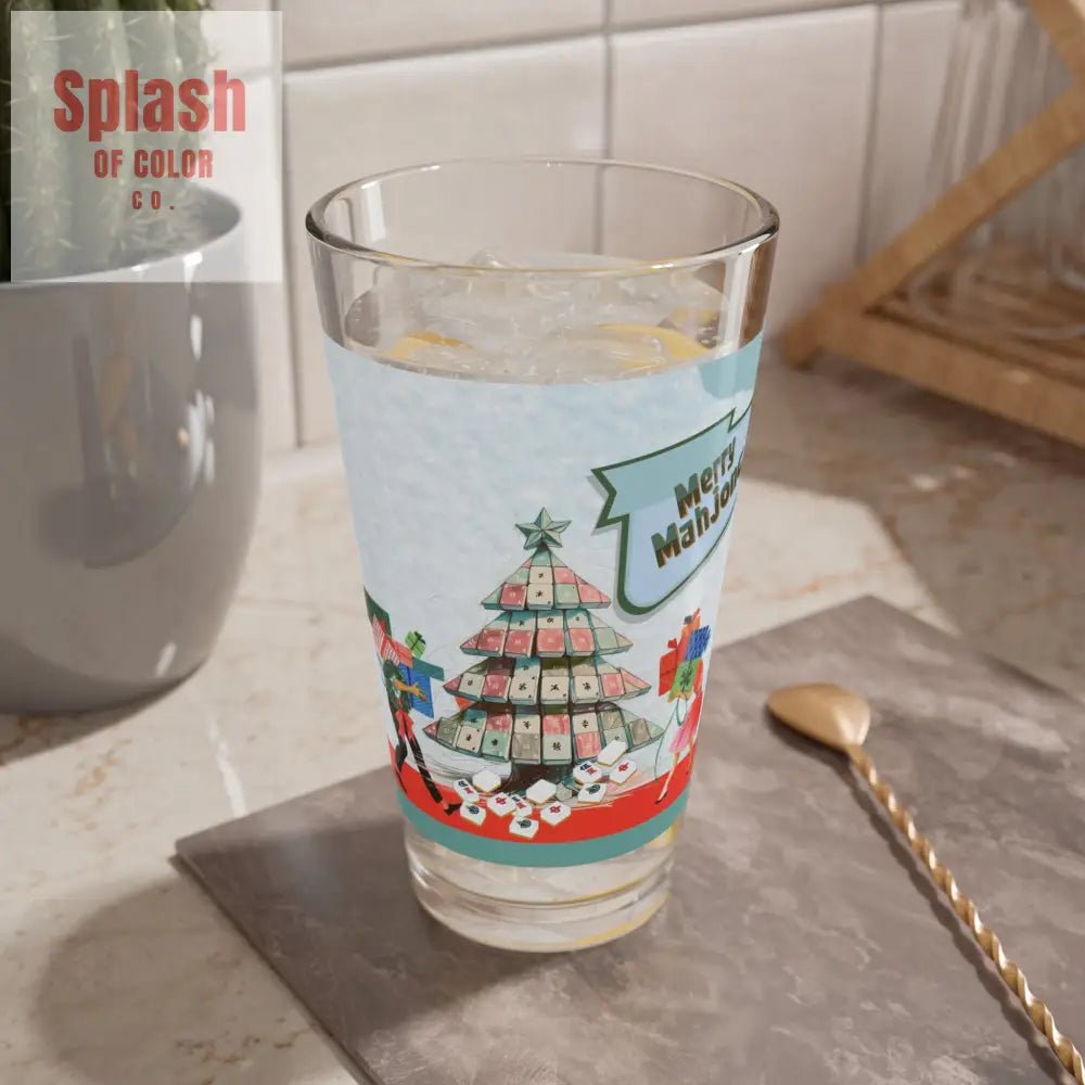 Merry Mahjong Christmas Mixing Glass Cocktail Glass Holiday Drinkware Festive Barware Merry Mahjong Shaker Glass - 16oz