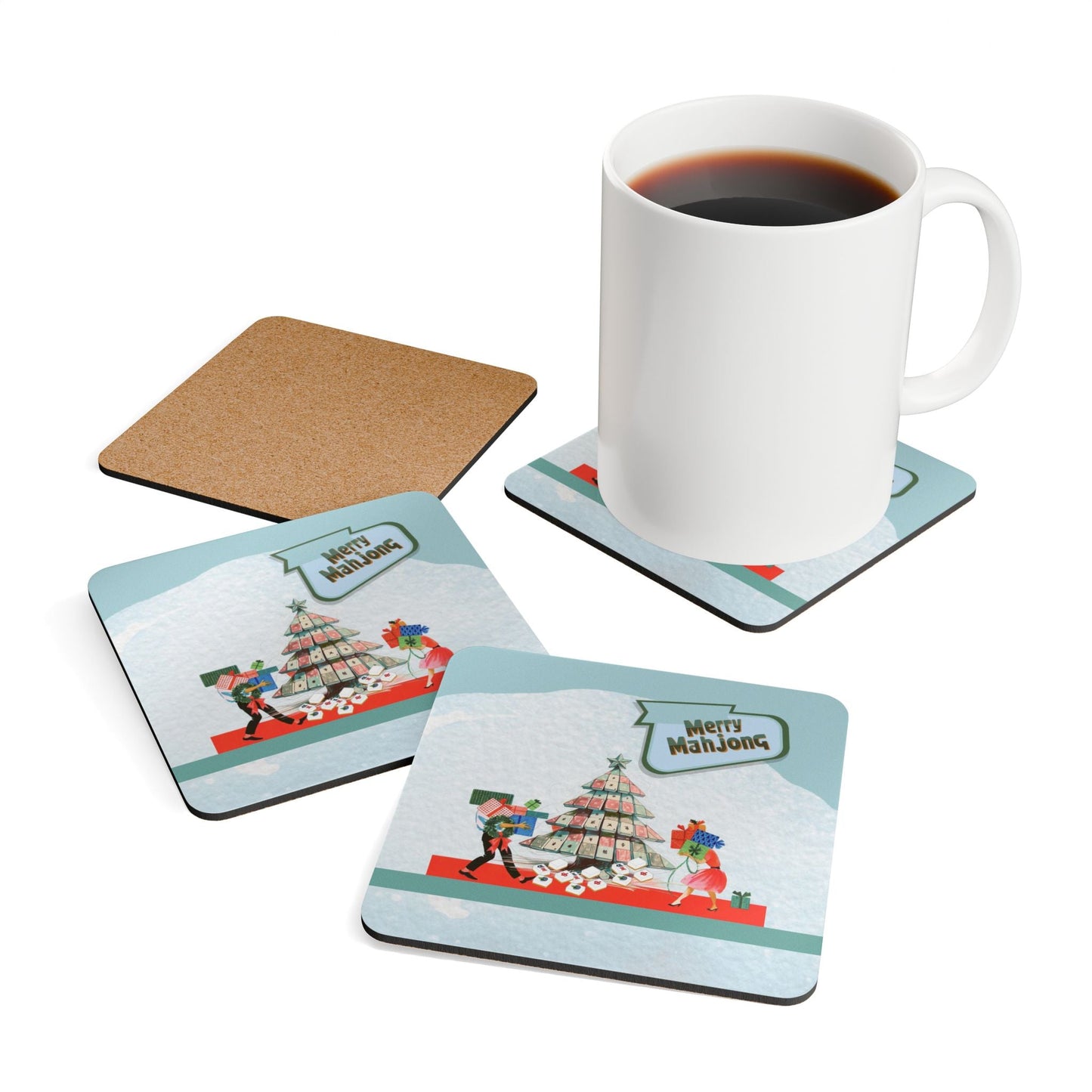 Merry Mahjong Coaster Set Festive Drink Coasters Holiday Table Decor Unique Gift Idea Corkwood Home Accessories - Cork
