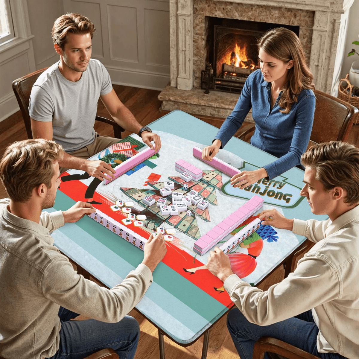 Merry Mahjong Mat Quirky Fun Modern Holiday Mahj Party Game Night Mat - 31.5’’x31.5’’ - Daily Accessories