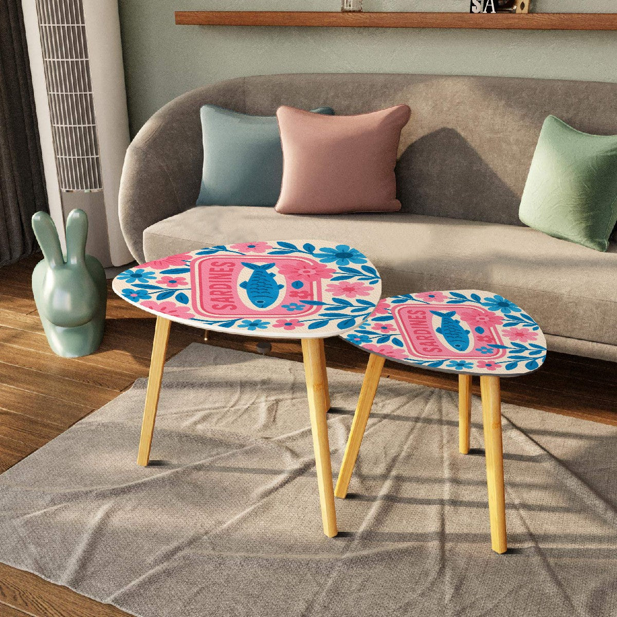 Modern Sardine Floral Pink And Blue Preppy Modern Nesting Triangle Coffee Table Set of 2 - One Size - Home Accessories