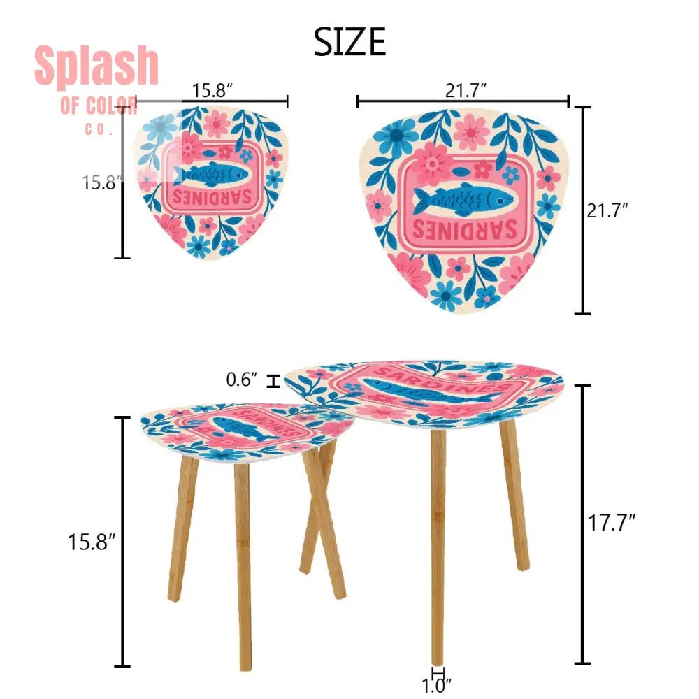 Modern Sardine Floral Pink And Blue Preppy Modern Nesting Triangle Coffee Table Set of 2 - One Size - Home Accessories
