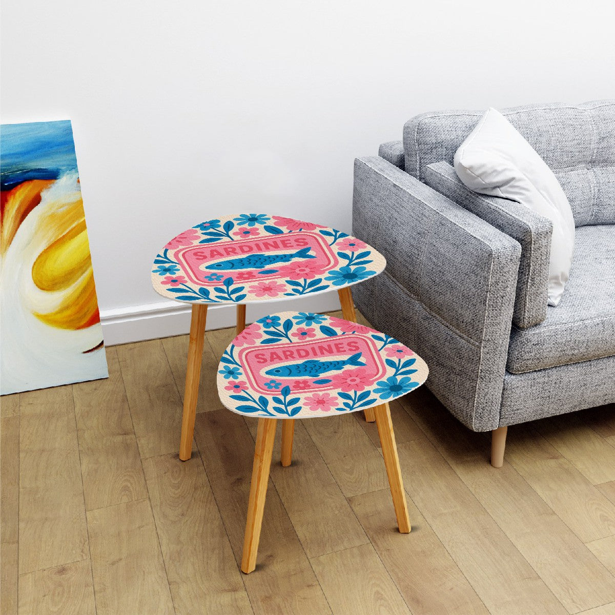Modern Sardine Floral Pink And Blue Preppy Modern Nesting Triangle Coffee Table Set of 2 - One Size - Home Accessories