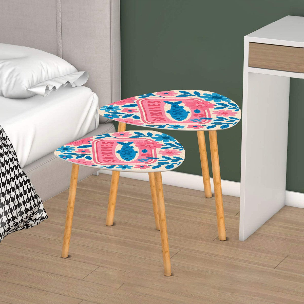 Modern Sardine Floral Pink And Blue Preppy Modern Nesting Triangle Coffee Table Set of 2 - One Size - Home Accessories