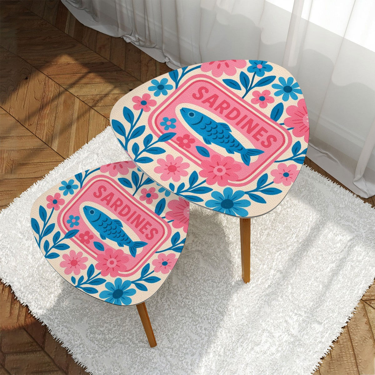 Modern Sardine Floral Pink And Blue Preppy Modern Nesting Triangle Coffee Table Set of 2 - One Size - Home Accessories
