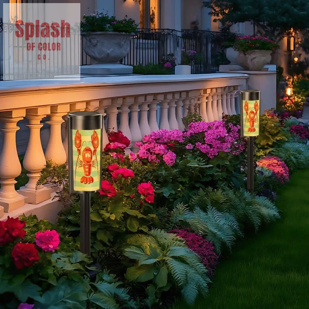 Nautical Beach House Lake House Blue White Striped Lobster Designed Outdoor Garden Solar Lights - 4pcs - Garden Decor