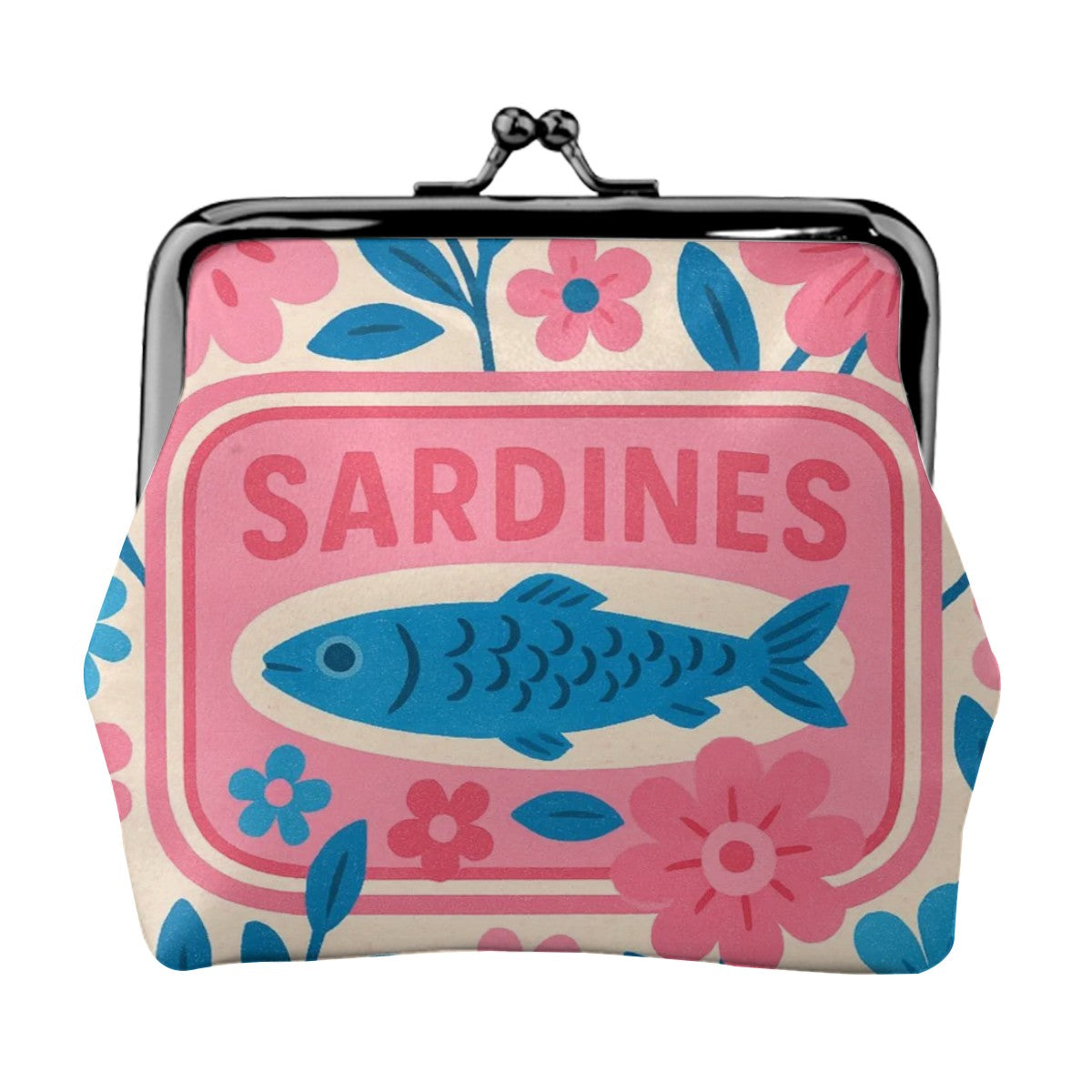 Nautical Tinned Fish Sardine Pink Baby Blue Women’s Leather Kiss Lock Coin Purse - 4.5’’x4.1’’ - Wallet