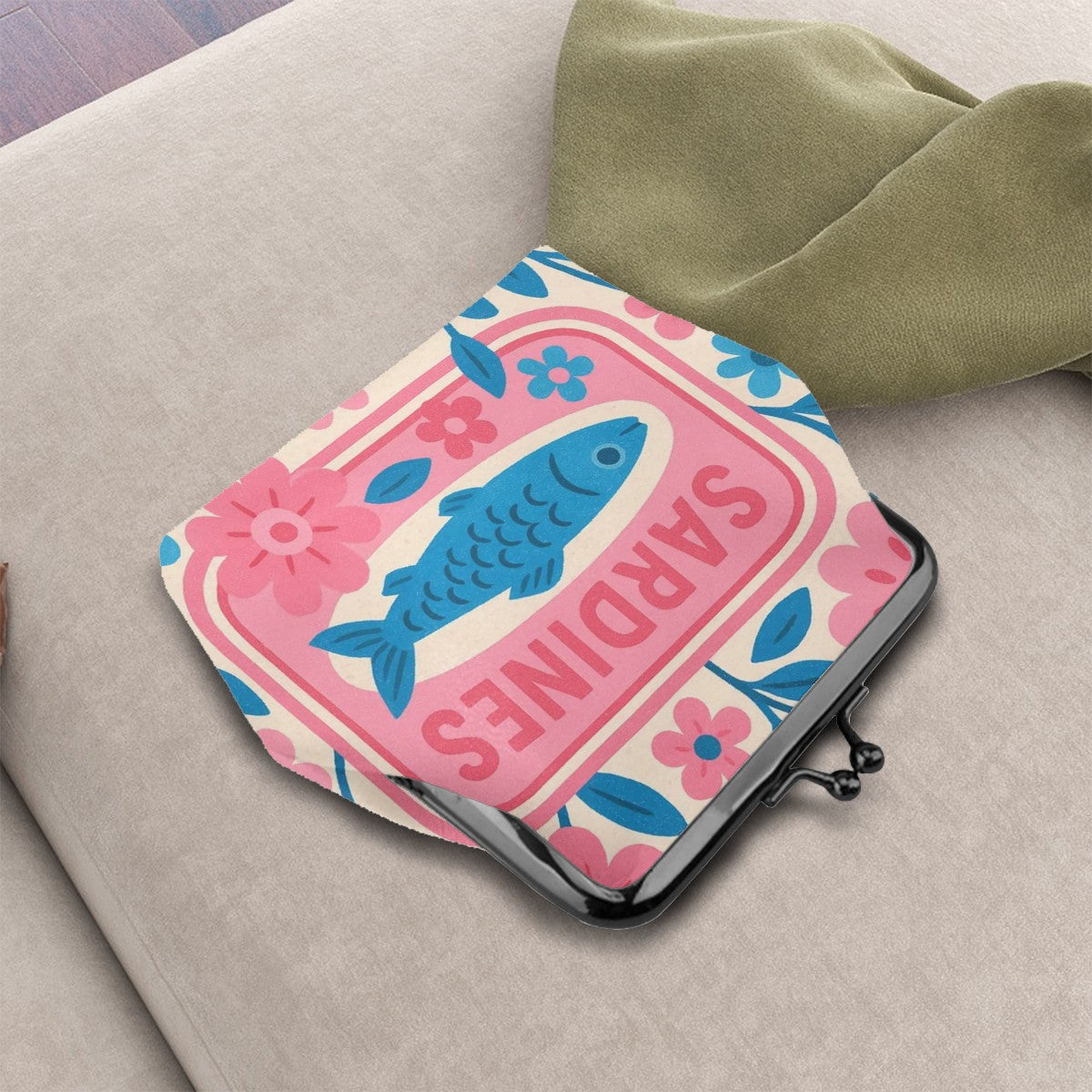 Nautical Tinned Fish Sardine Pink Baby Blue Women’s Leather Kiss Lock Coin Purse - 4.5’’x4.1’’ - Wallet