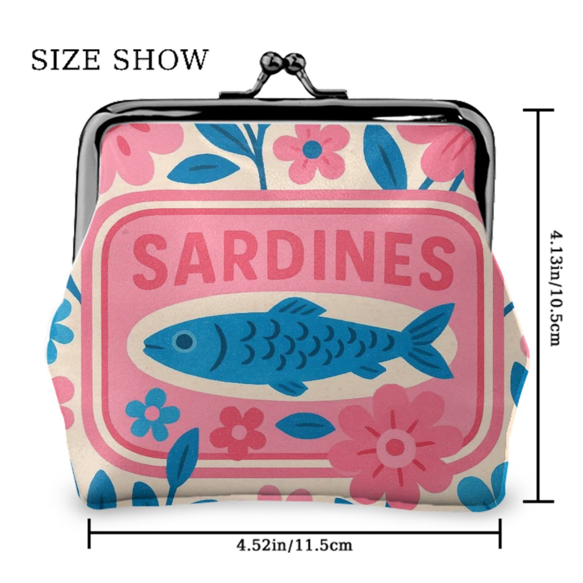 Nautical Tinned Fish Sardine Pink Baby Blue Women’s Leather Kiss Lock Coin Purse - 4.5’’x4.1’’ - Wallet