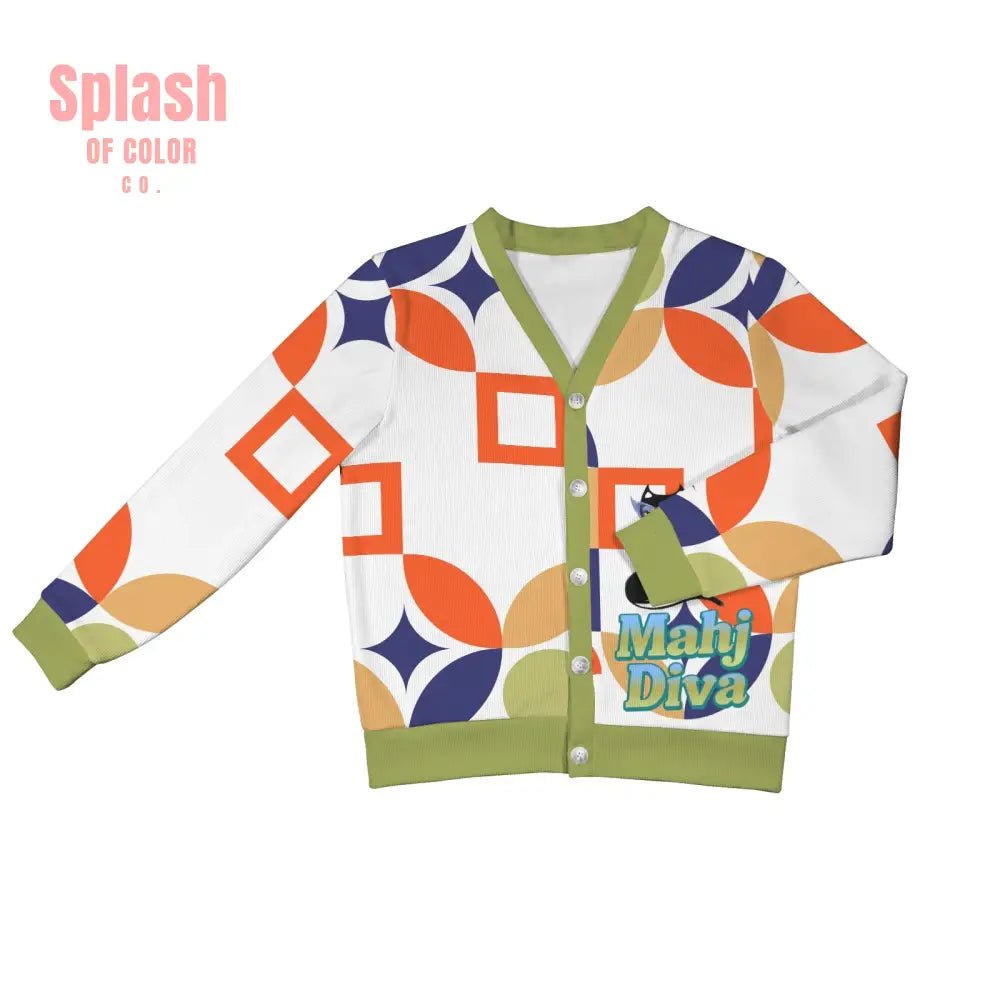 Mahjong Diva Button Down Sweater, Vintage Cat, Geometric Whimsy Design - Splash of Color co.