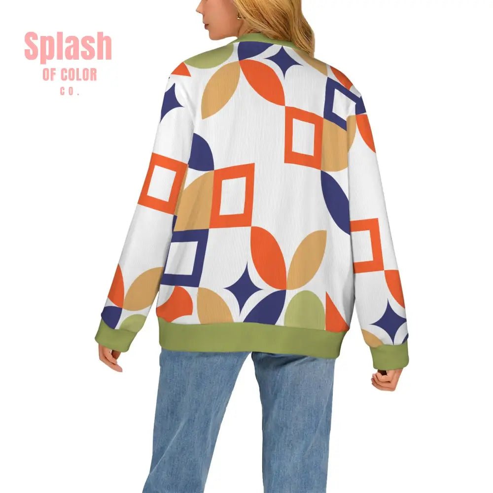 Mahjong Diva Button Down Sweater, Vintage Cat, Geometric Whimsy Design - Splash of Color co.