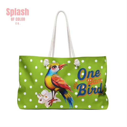 One Bam Bird Mahjong Accessory Bag, Green Citrus Polka Dot, Whimsical Bird Weekender Bag - Splash of Color co.
