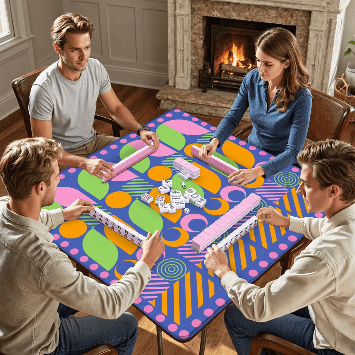Palm Beach Style Modern Mahjong Mat Preppy Pink Orange Green Mahj Game Mat - 31.5’’x31.5’’ - Daily Accessories