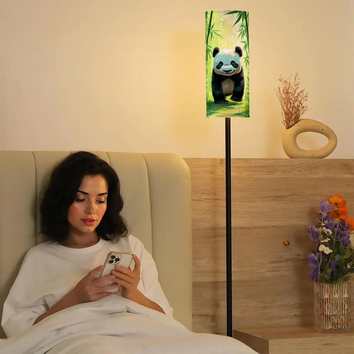 Panda Bear Asian Bamboo Garden Corner Slim Reading Floor Lamp - One Size - Floor Lamps