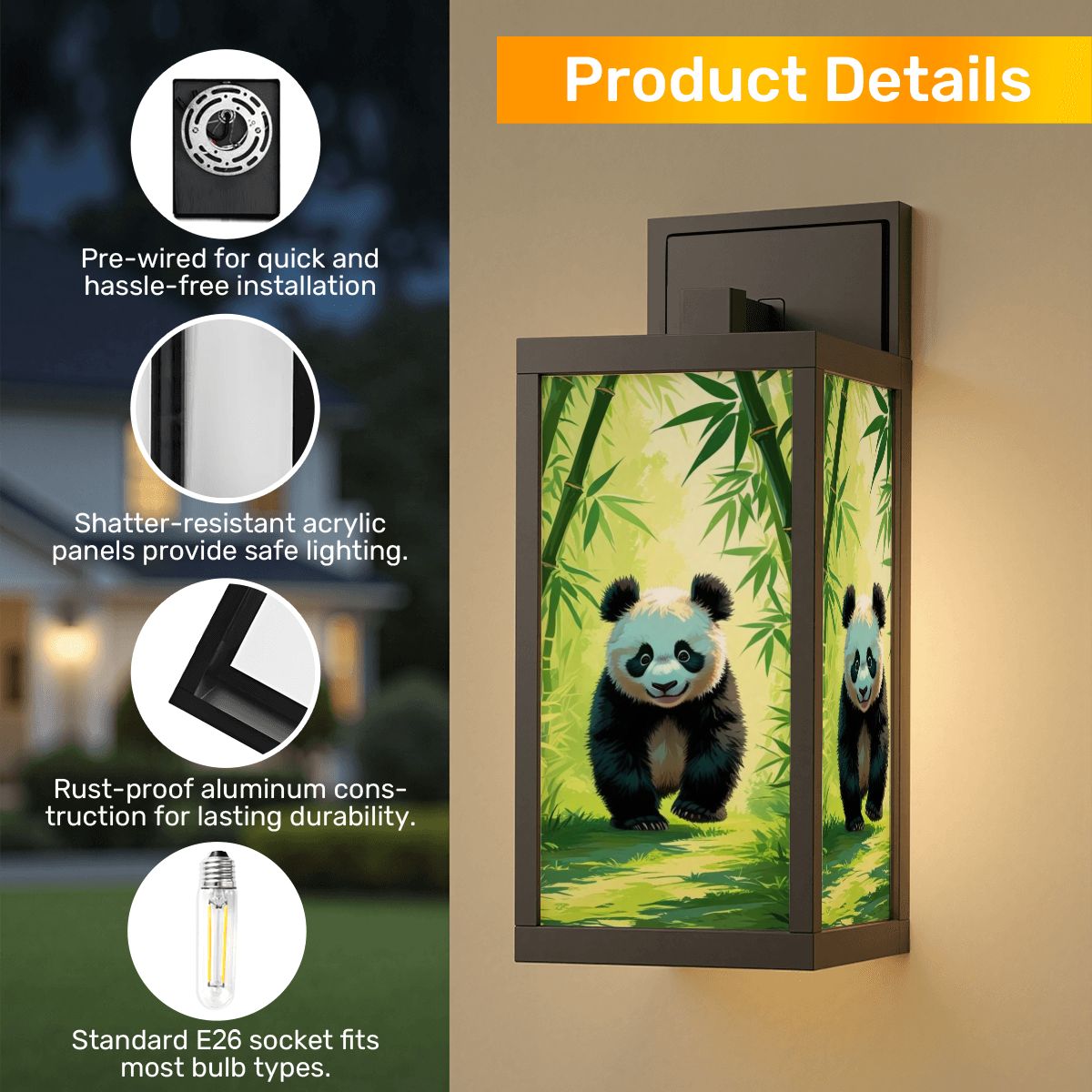 Panda Bear Bamboo Garden Asian Zen Patio Wall Light Sconce - One Size - Wall Lighting