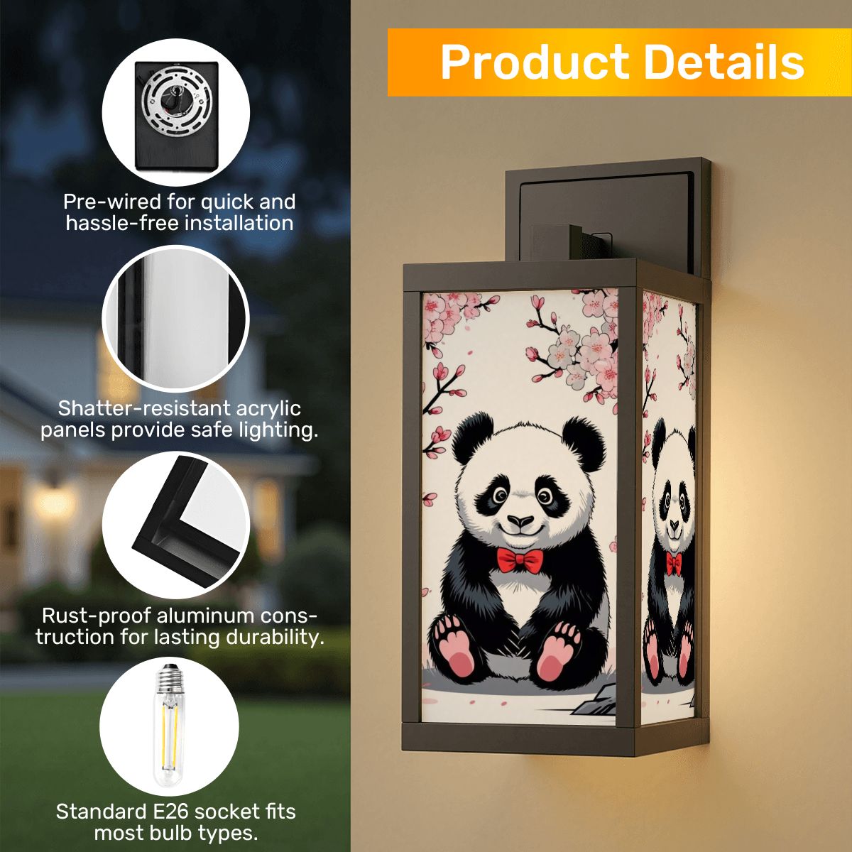 Panda Bear Cherry Blossom Asian Zen Garden Patio Wall Light Sconce - One Size - Wall Lighting