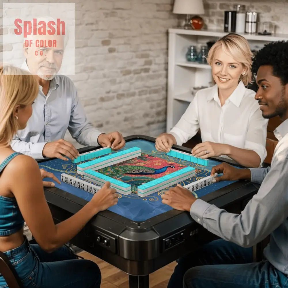 Peacock Elegant Marbled Blue, Chinoiserie Asian Garden Mahjong Mat - Splash of Color co.