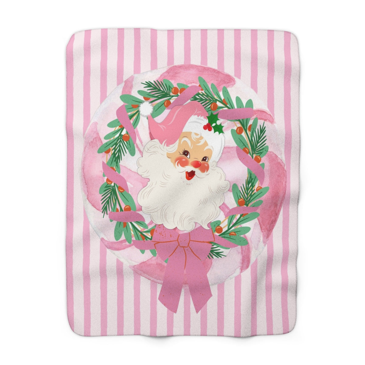 Pink Nostalgic Santa Wreath Sherpa Blanket | Christmas Holiday Cozy Throw