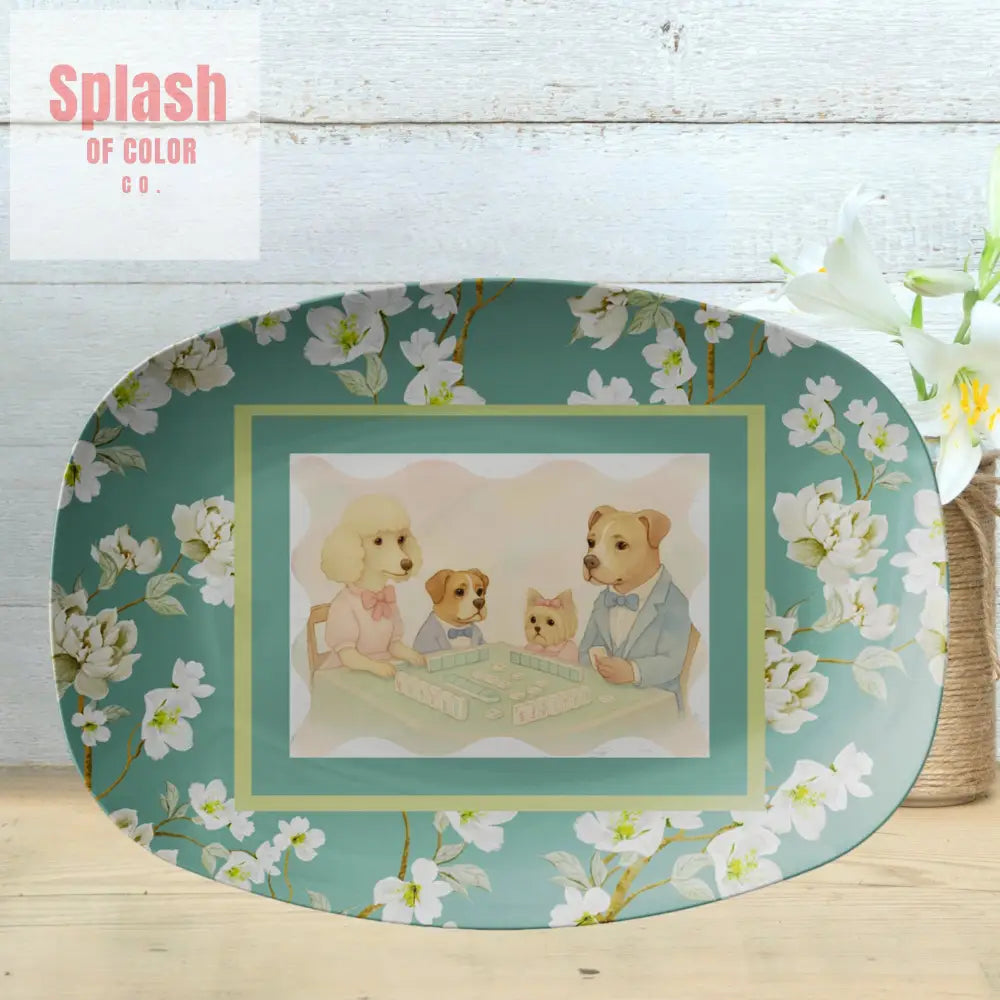 Playful Dogs Mahjong Serving Appetizer Platter Asian Floral Garden Mahj Entertaining Platter Kitchenware