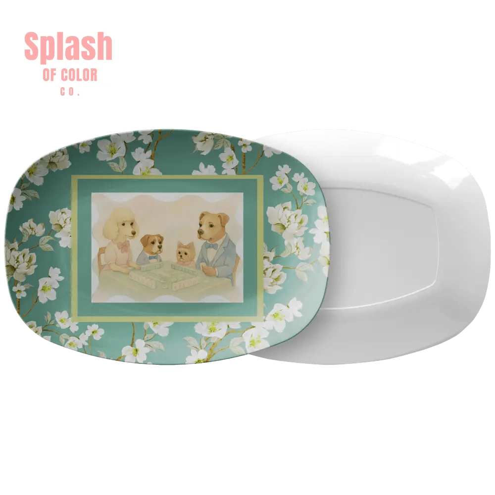 Playful Dogs Mahjong Serving Appetizer Platter, Asian Floral Garden Mahj Entertaining Platter - Splash of Color co.