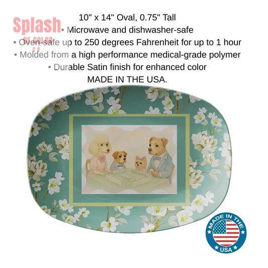 Playful Dogs Mahjong Serving Appetizer Platter, Asian Floral Garden Mahj Entertaining Platter - Splash of Color co.