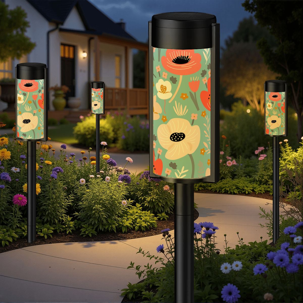 Poppie Floral Blue Modern Unique Garden Outdoor Solar Lights - 4pcs - Garden Decor