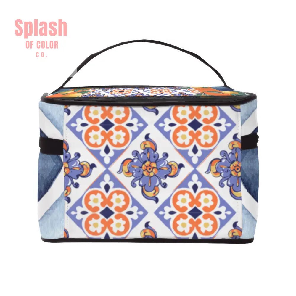 Mahjong Tile Bag, Citrus Orange, Blue Floral Geometric Mediterranean Designed - Splash of Color co.