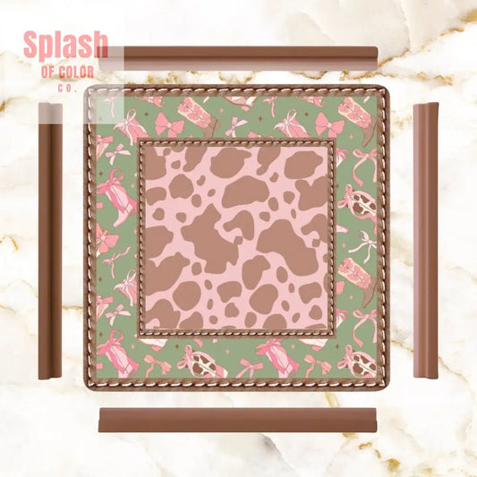 Preppy Cowgirl Mahjong Mat, Pink, Green Cow Print Fun Mahj Game Mat - Splash of Color co.