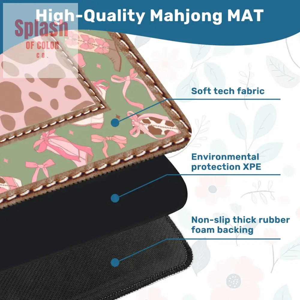 Preppy Cowgirl Mahjong Mat Pink Green Cow Print Fun Mahj Game Mat Daily Accessories