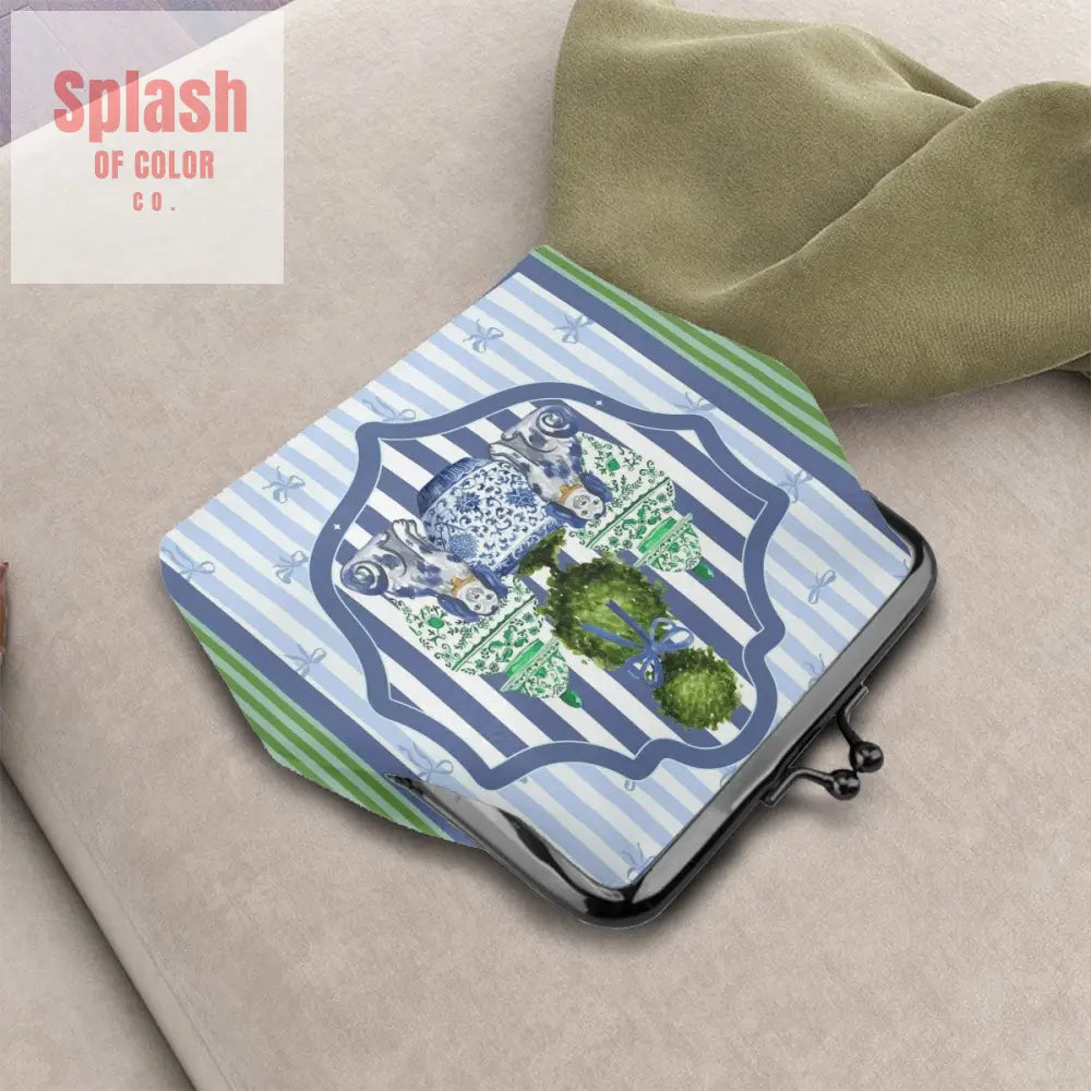 Preppy Green Blue Staffordshire Dogs Chinoiserie Women’s Kiss Lock Coin Purse 4.5’’x4.1’’ Wallet