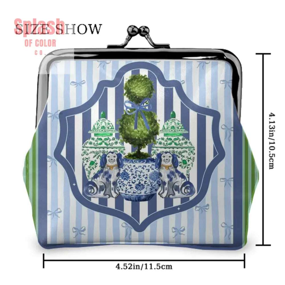 Preppy Green Blue Staffordshire Dogs Chinoiserie Women’s Kiss Lock Coin Purse 4.5’’x4.1’’ Wallet
