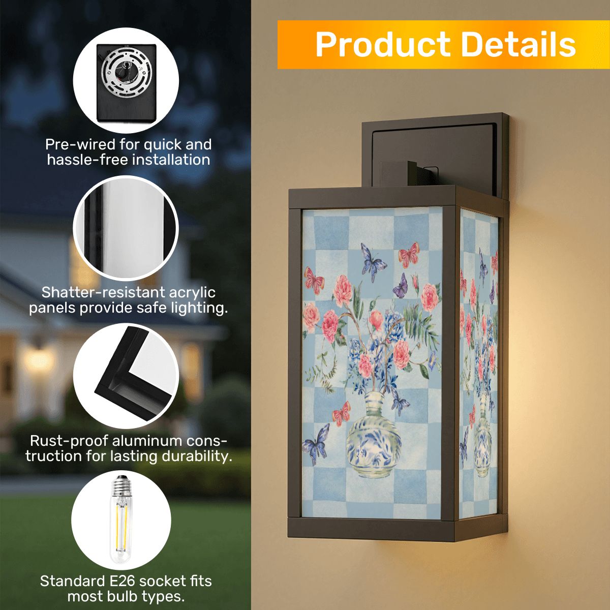 Pretty Asian Garden Zen Blue Pink Butterfly Chinoiserie Patio Wall Light Sconce - One Size - Wall Lighting
