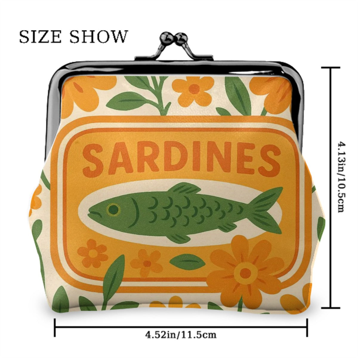 Quirky Cute Sardine Tinned Fish Orange Green Floral Women’s Leather Kiss Lock Coin Purse - 4.5’’x4.1’’ - Wallet